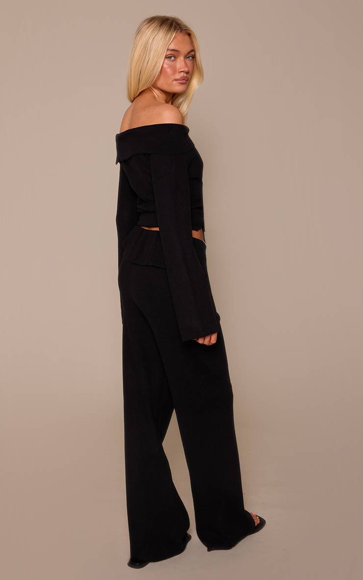 Noir Pantalon Large Tricoté À Taille Repliable Et Liens Latéraux