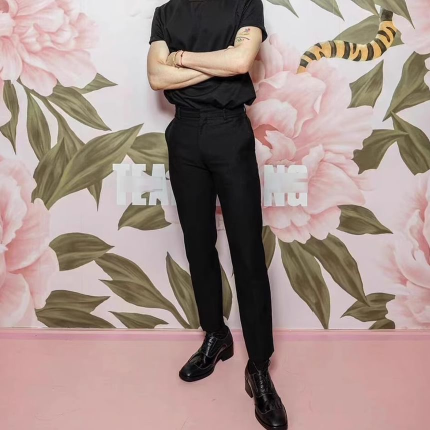DragonRoad - Mid Rise Plain Cropped Slim Fit Dress Pants