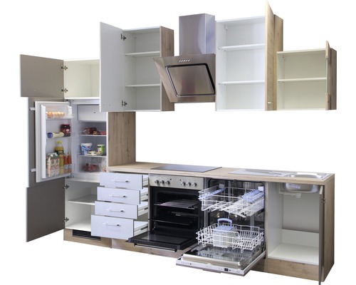 Flex Well keukenblok met apparatuur Riva 280 cm kwartsiet cubanit san remo licht mat eiken gedemonteerd omkeerbaar uitvoering 00010785