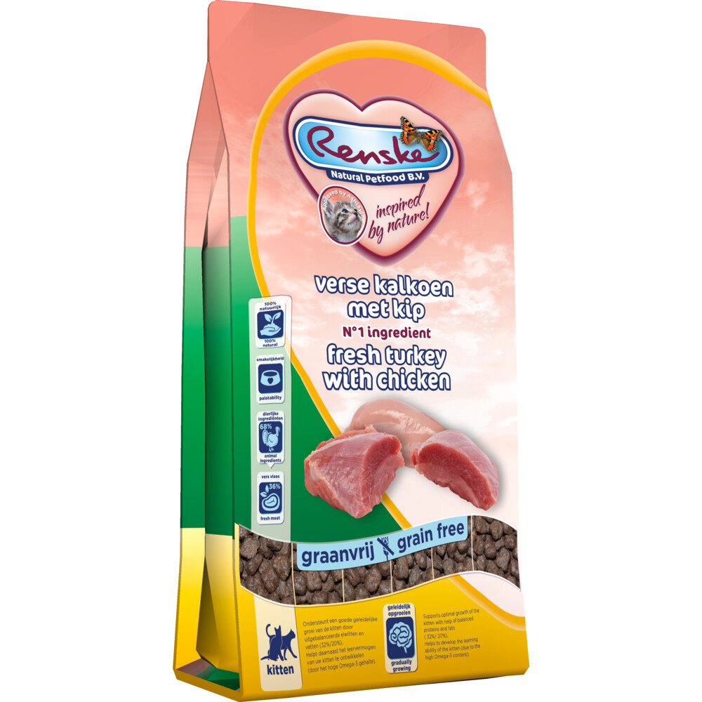 8x Renske Super Premium Droog Kat Kitten Kalkoen & Kip400 gr