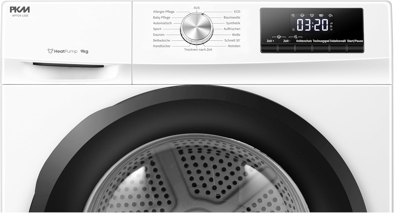 PKM Wärmepumpentrockner WPT09-13DE, 9 kg Kapazität, Energieeffizienzklasse D, 85 cm Höhe, 13 Programme, Kondenstrockner mit Display, 64 dB Geräuschpegel