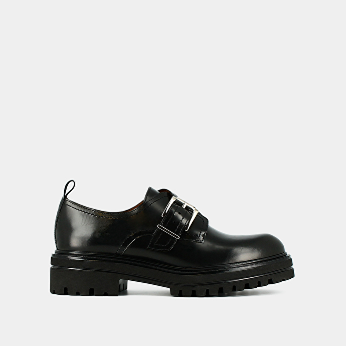 Derbies à boucles et semelles crantées  en cuir glacé noir