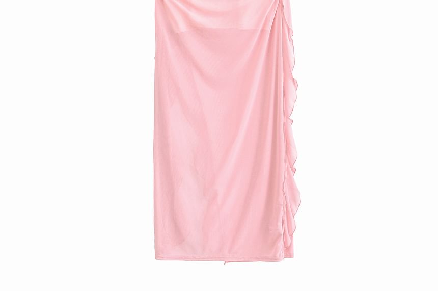 Sundine - Maxi-jurk met kapmouwen, ronde hals, effen ruches en mesh met split