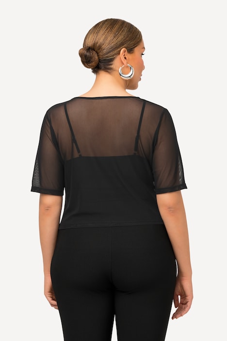 Mesh-Shirt, Slim, V-Ausschnitt, gekräuselter Halbarm