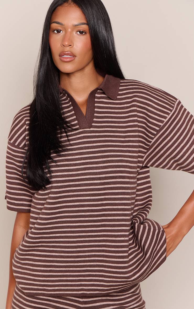 Marron Haut Grand Col Polo Tricoté Oversize À Rayures