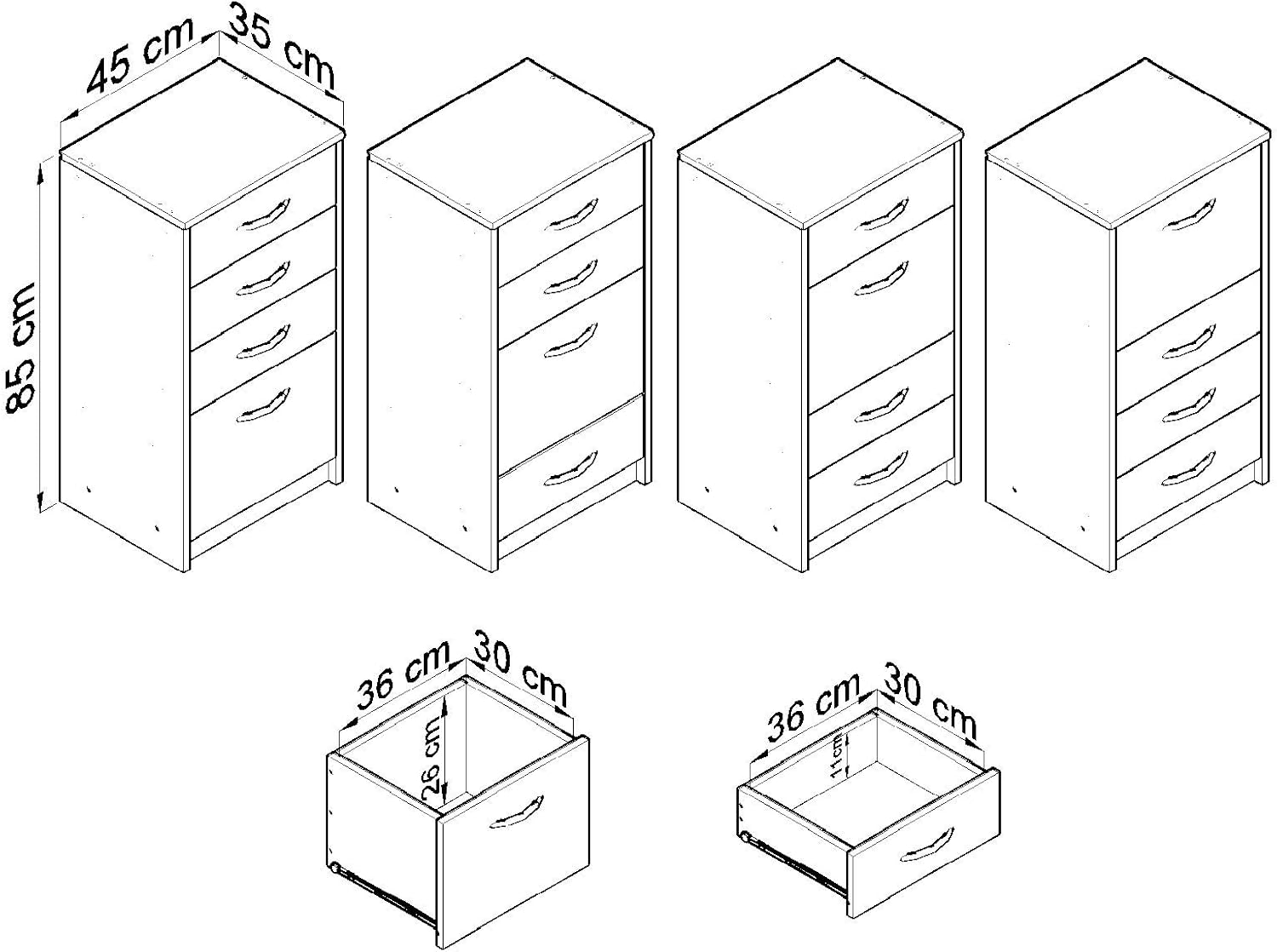 MATKAM Kommode mit Schubladen - Schrank mit 4 Drawers - geräumige Komode - solide Schubladenschrank H:85 B:45 T:35 cm - Kommode Schlafzimmer, Wohnzimmer und Flur Möbel - Sonoma Eiche