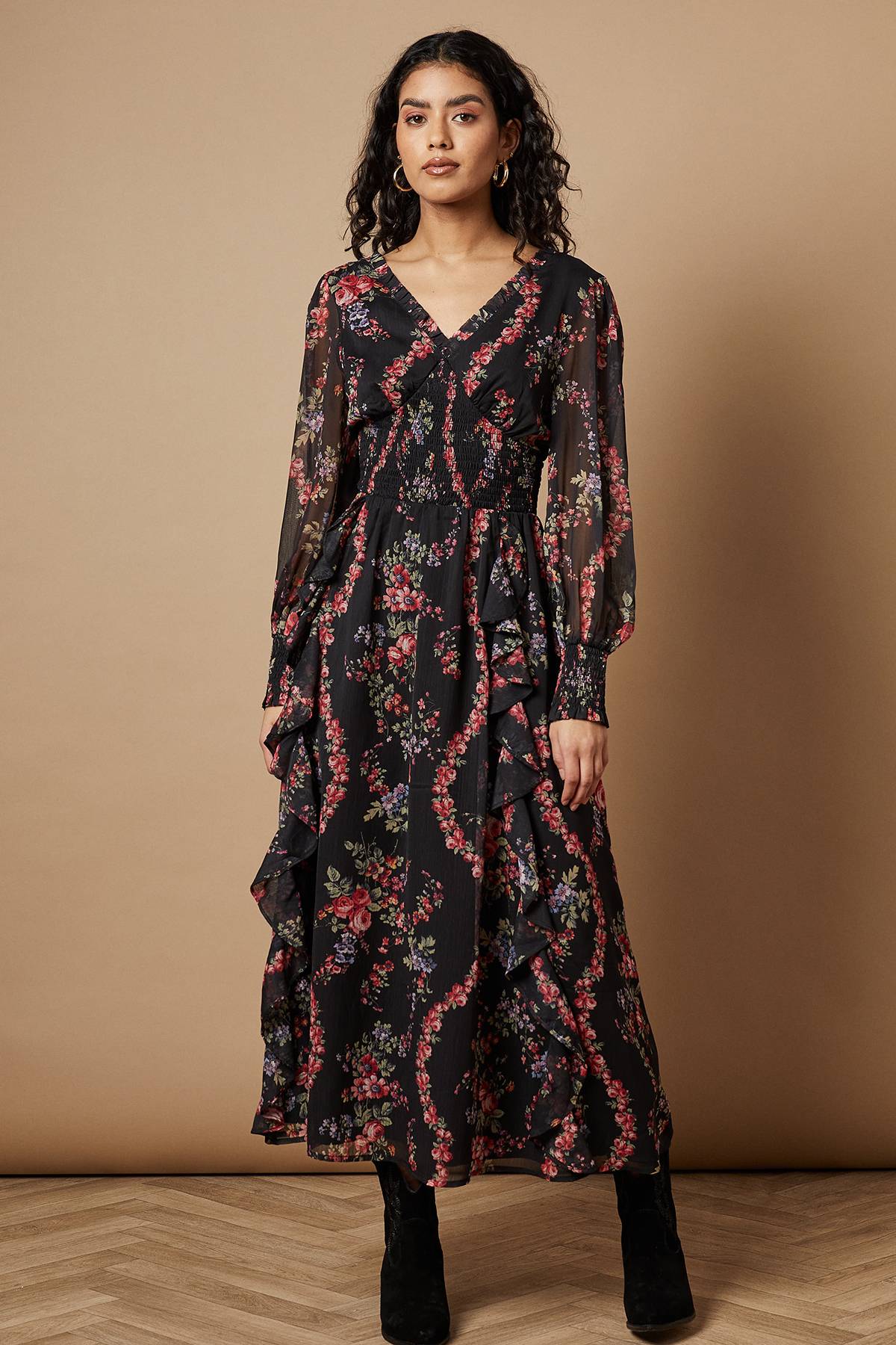 Oasis Robe Midaxi à Imprimé Floral avec Détails Volantés et Taille Froncée Petite