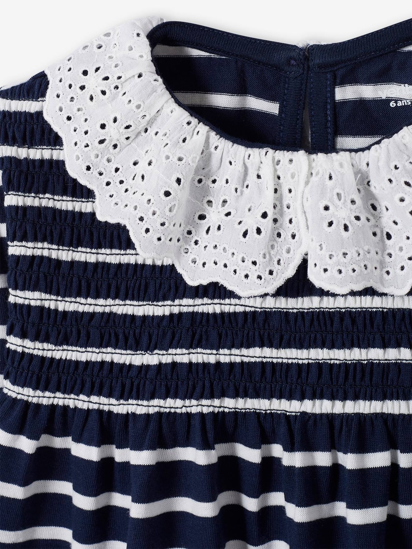 Blusa listrada azul-escura infantil com gola bordada, camiseta, blusa, azul-escuro