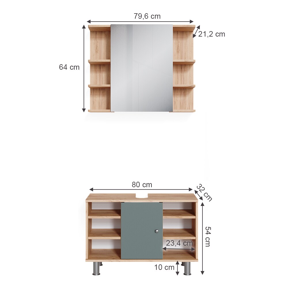 Vicco Badmöbelset Waschtischunterschrank 80 cm Spiegelschrank Fynn Eiche Grün
