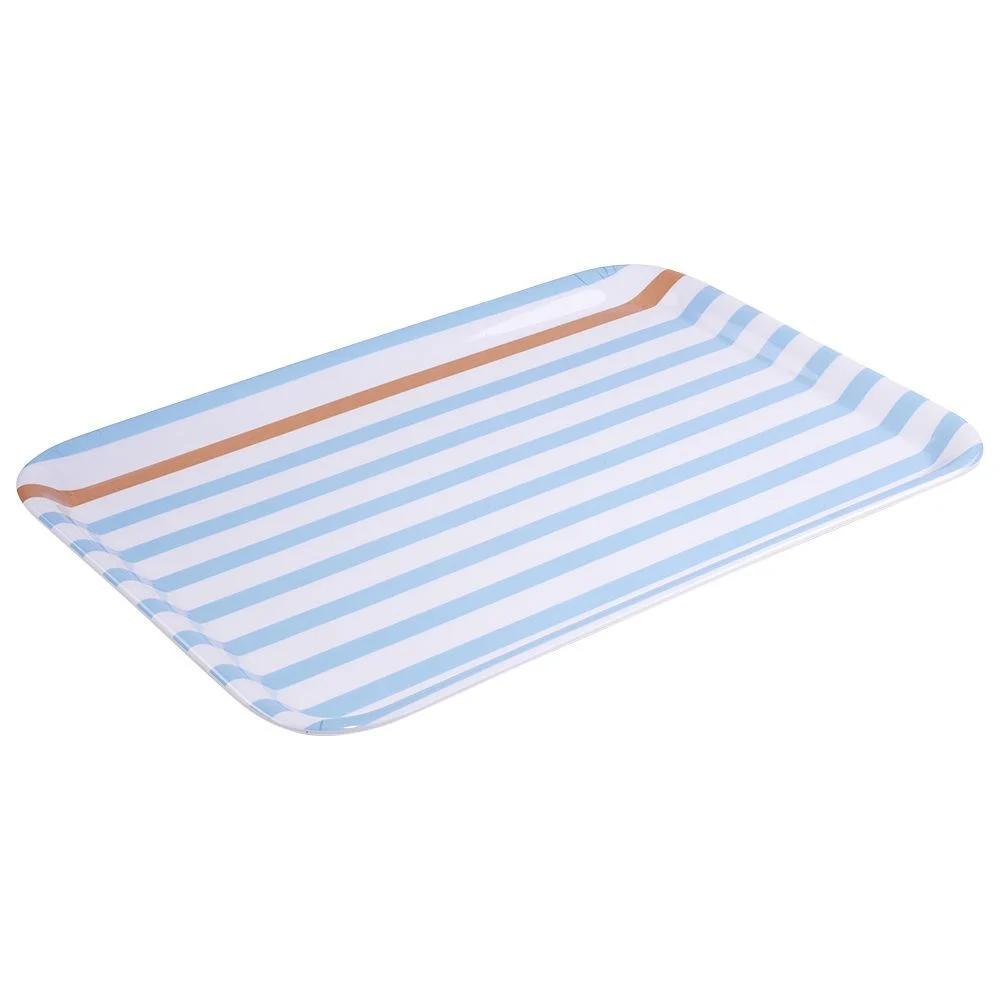 Plateau rectangulaire rayé bleu blanc liseré orange plastique 45x31cm