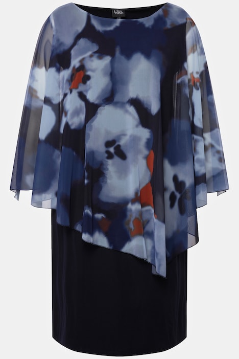 Kleid, Lagenoptik, Blüten, Rundhals, 3/4-Arm