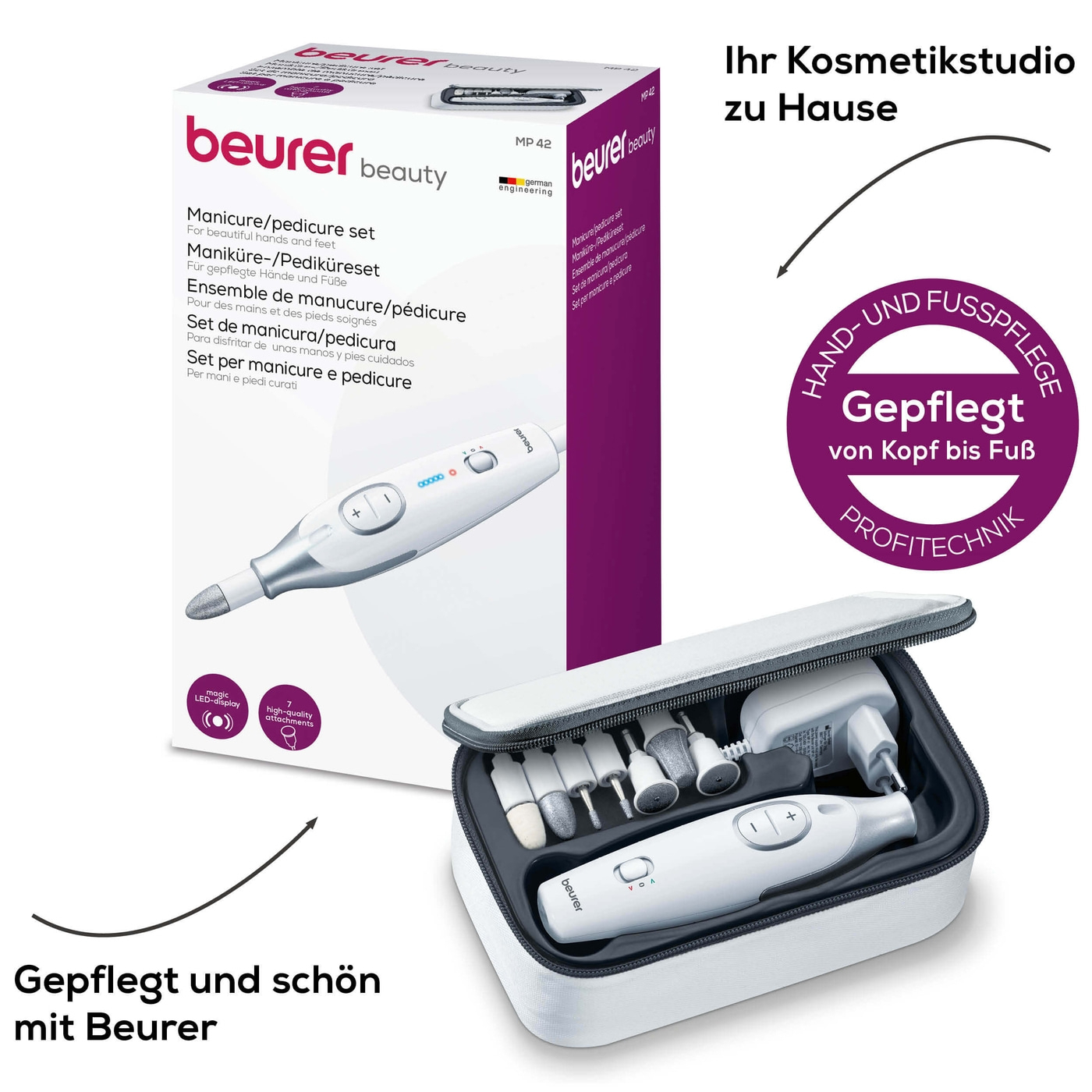 MP 42 (7in1) Elektrische Nagelfräse Nagelpflege Polierwerkzeug Maniküre Pediküre (57400) - Weiss / Silber