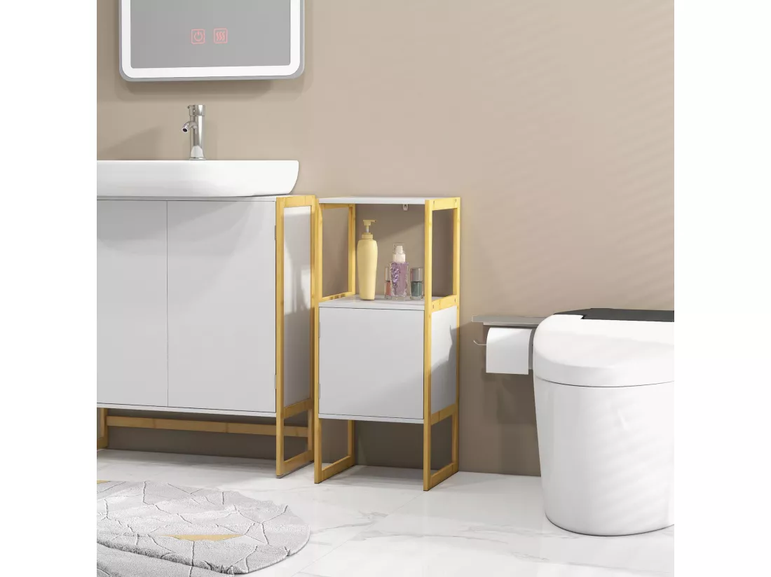 Meuble bas salle de bain - porte, étagère, plateau - châssis piètement bambou MDF blanc