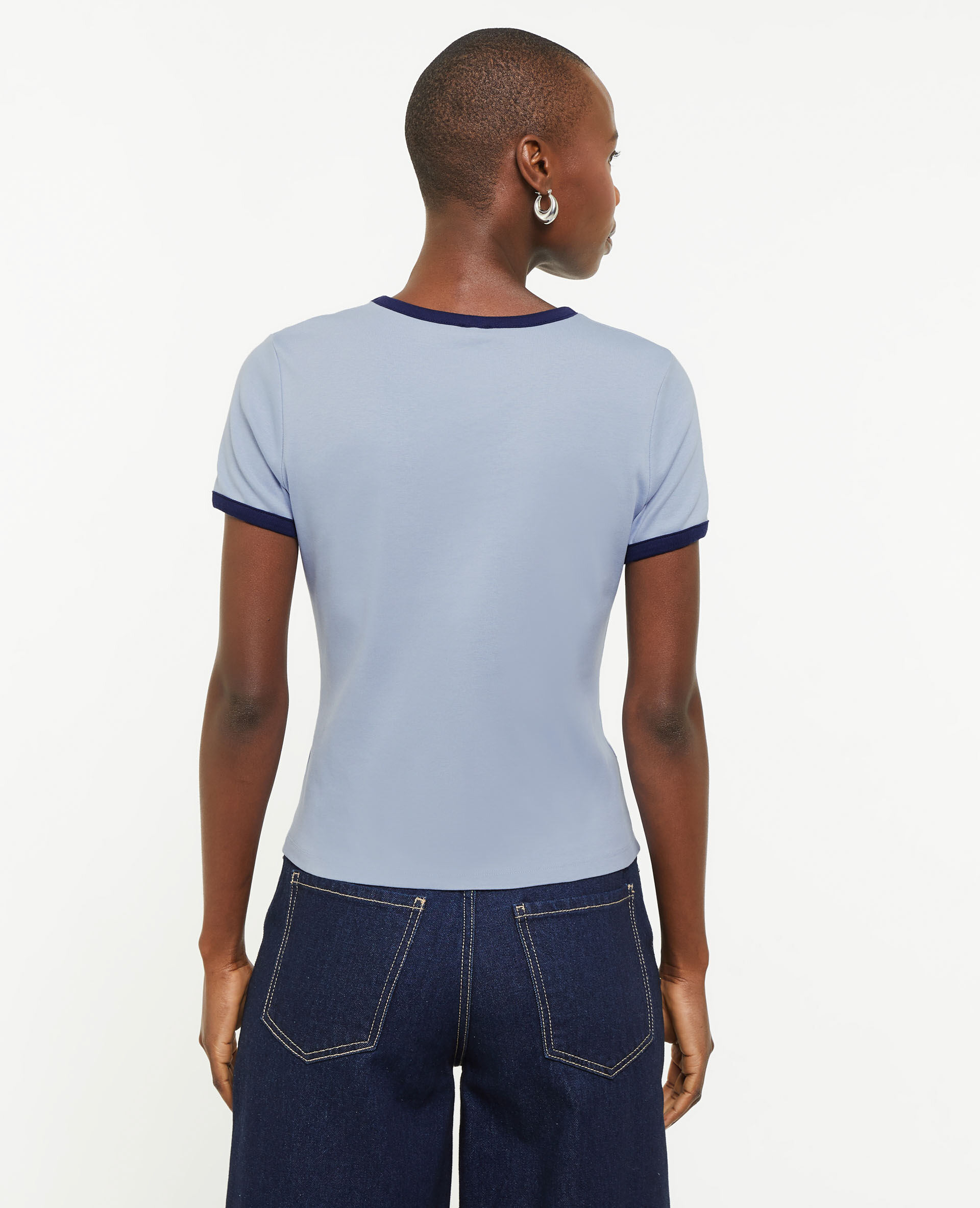 T-shirt manches courtes avec bords contrastés - Bleu