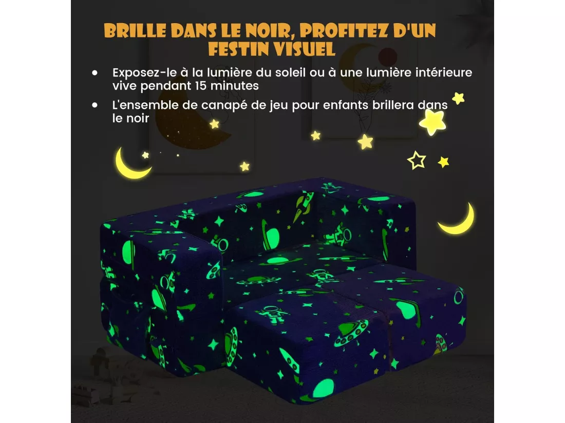 5 en 1 Canapé Enfants Lumineux (Brillant dans Le Noir) avec 2 Poufs & Motif de Vaisseau Spatial, Fauteuil Convertible en Tissu avec Poche Latérale, Housse Lavable, 3 Ans+
