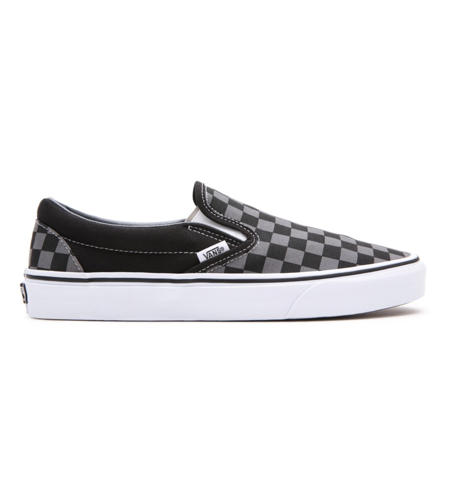 Tênis Vans Classic Slip-On, preto e cinza.