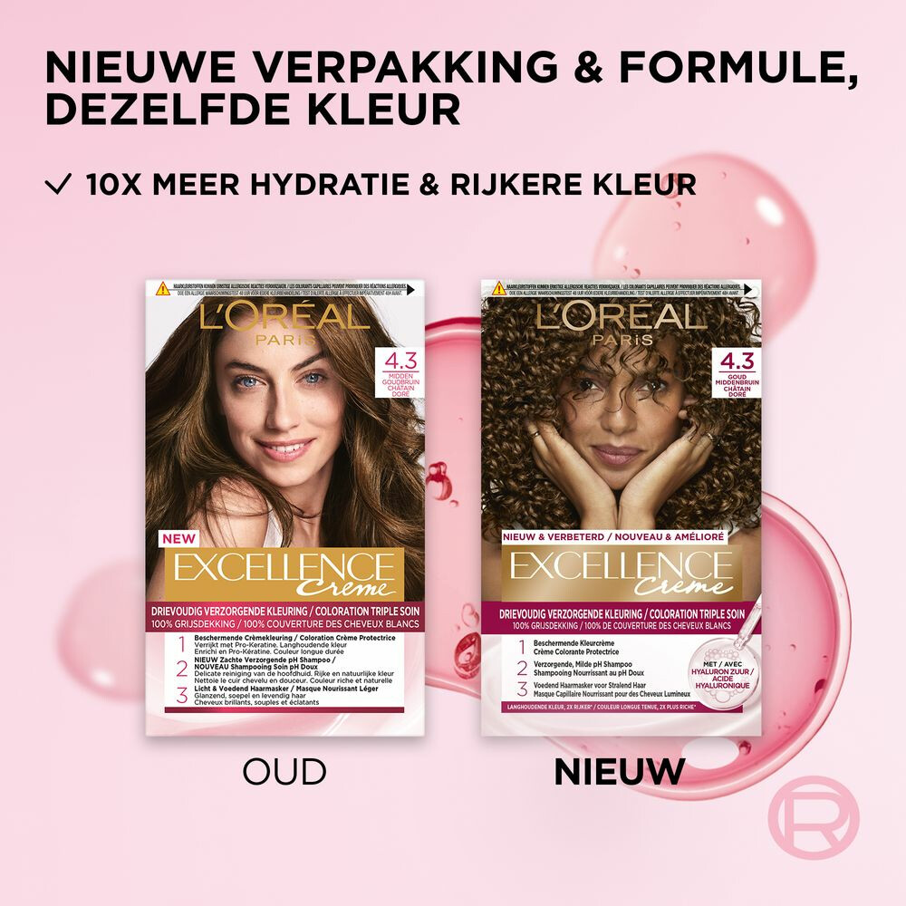 L'Oréal Excellence Crème Permanente Crèmekleuring 4.3 Midden Goudbruin