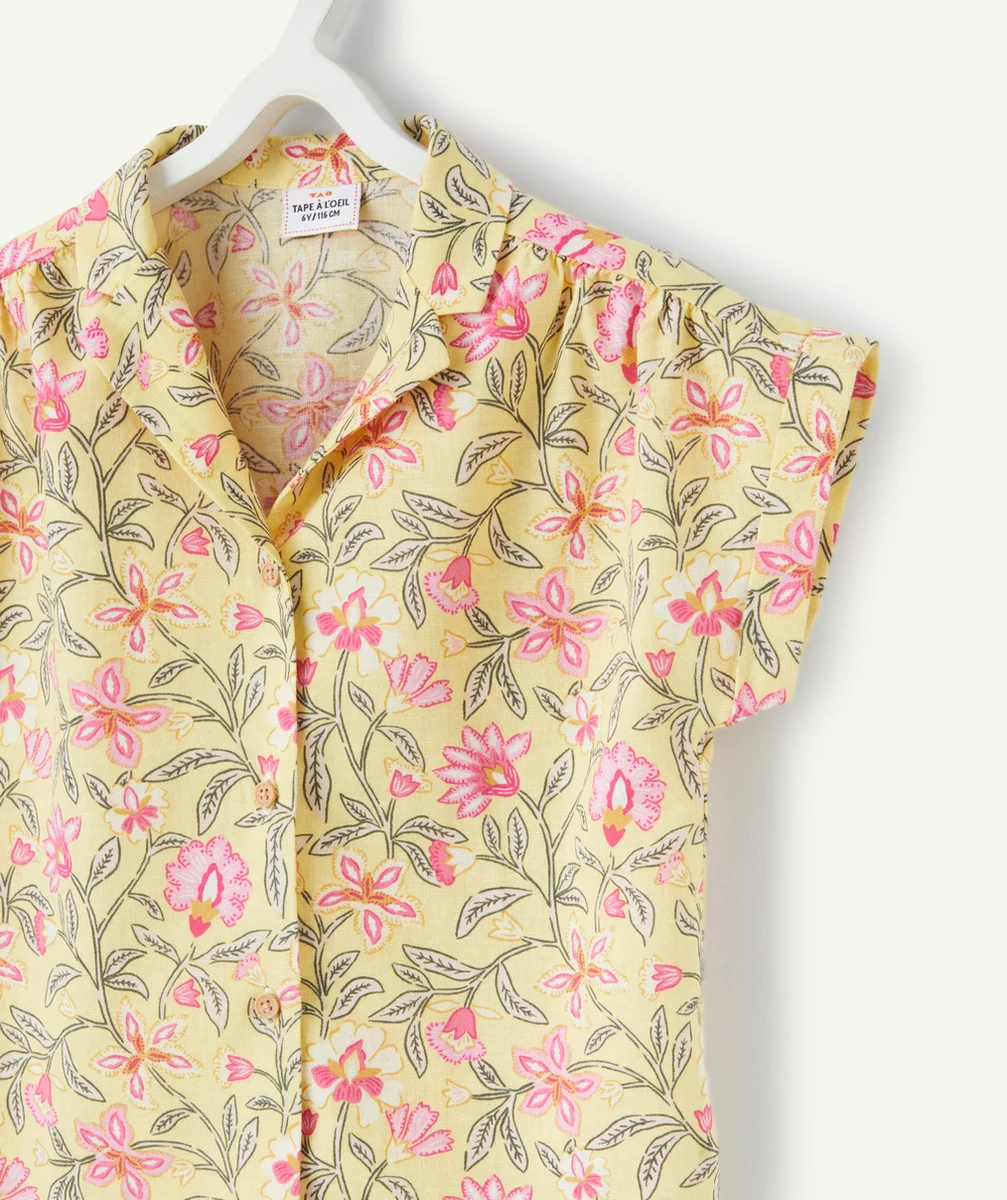 chemise d'été manches courtes fille jaune avec imprimé à fleurs