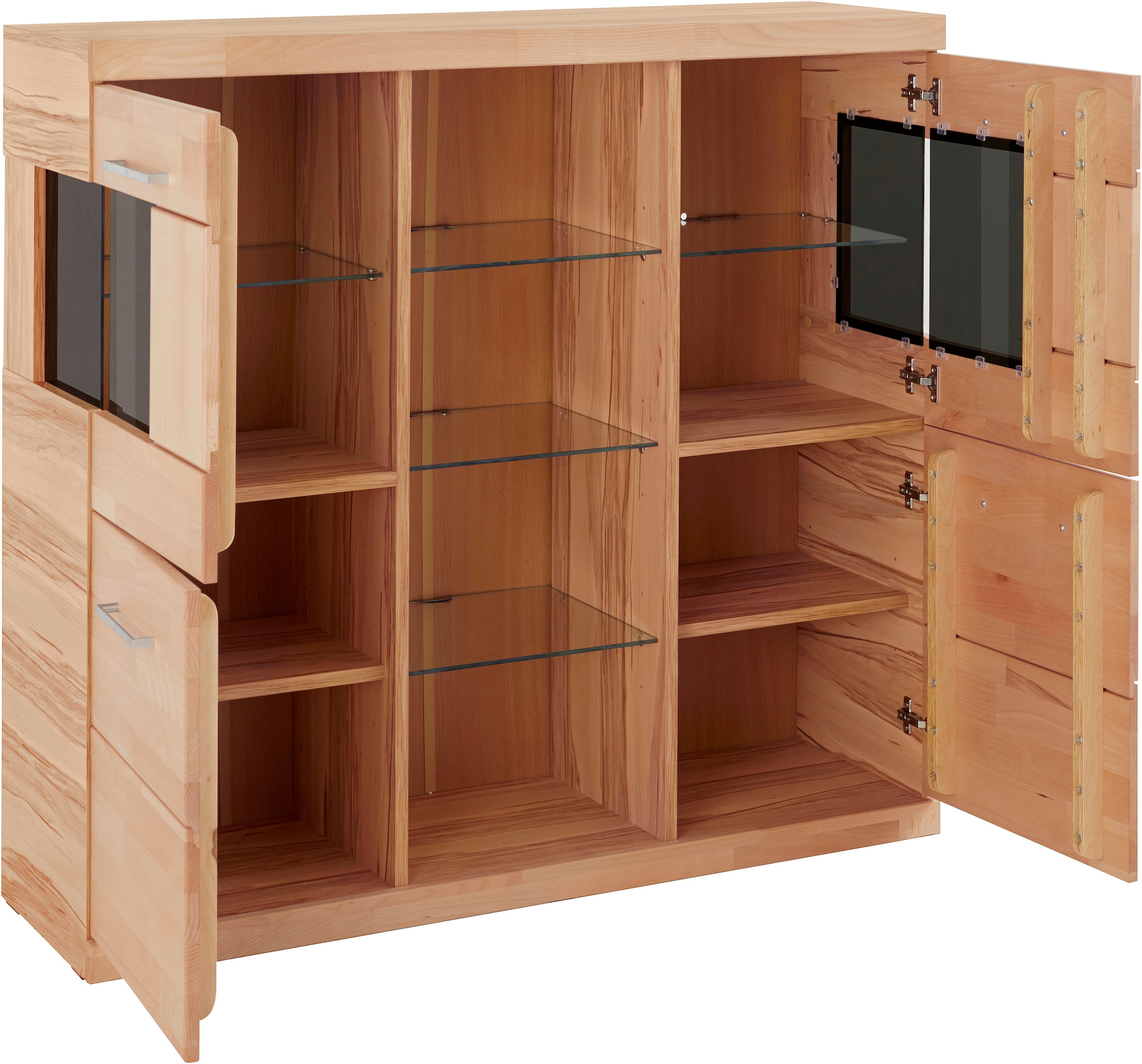 Home affaire Highboard »Ribe,120cm breit,112cm hoch,Oberplatte massiv,12 Fächer« Holz massiv, Holzwerkstoff, Metall Griffe,2Türen mit Glaseinsatz