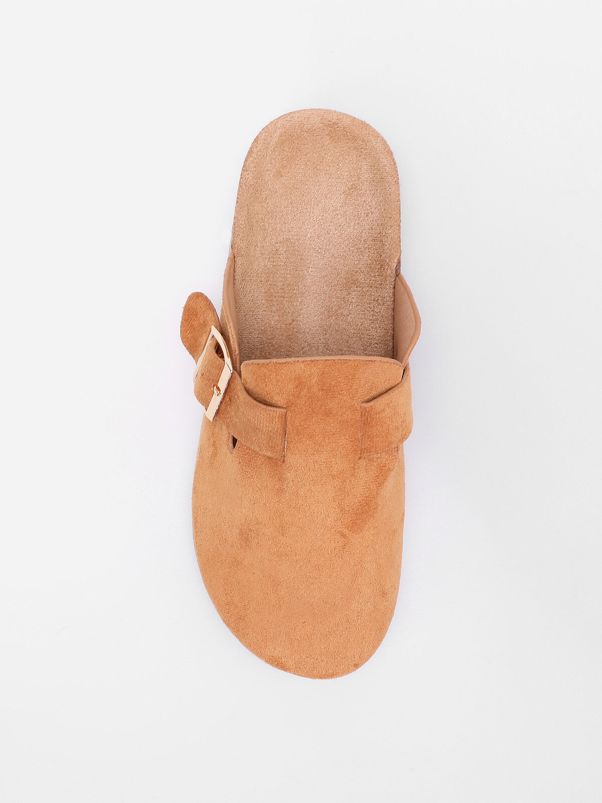 Mules plates à boucle dorée- Camel