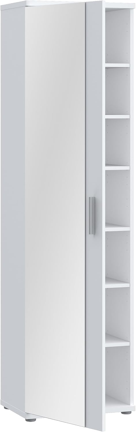 FORTE NET106 Schrank 50, Schuhschrank, Garderobenschrank, Abstellraum, Drehtürenschrank, 1-türig mit Einlegeböden, Weiß mit Spiegel, 50 cm breit x 180 cm hoch x 35 cm tief
