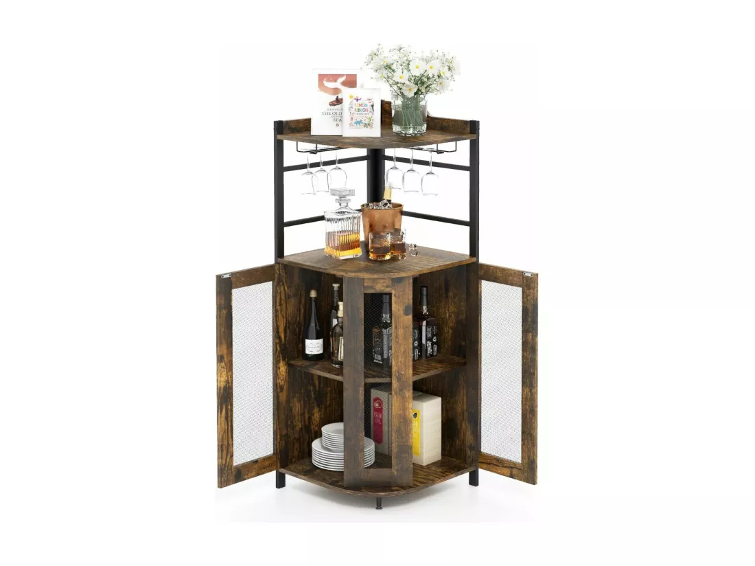 Buffet Cuisine Industriel, Armoire d’Angle, Étagère Réglable, Meuble Bar avec Porte-Verres, Placard à Porte en Maille Métallique, Kit Anti-basculement Inclus, 46 x 46 x 130 CM (Marron Rustique)