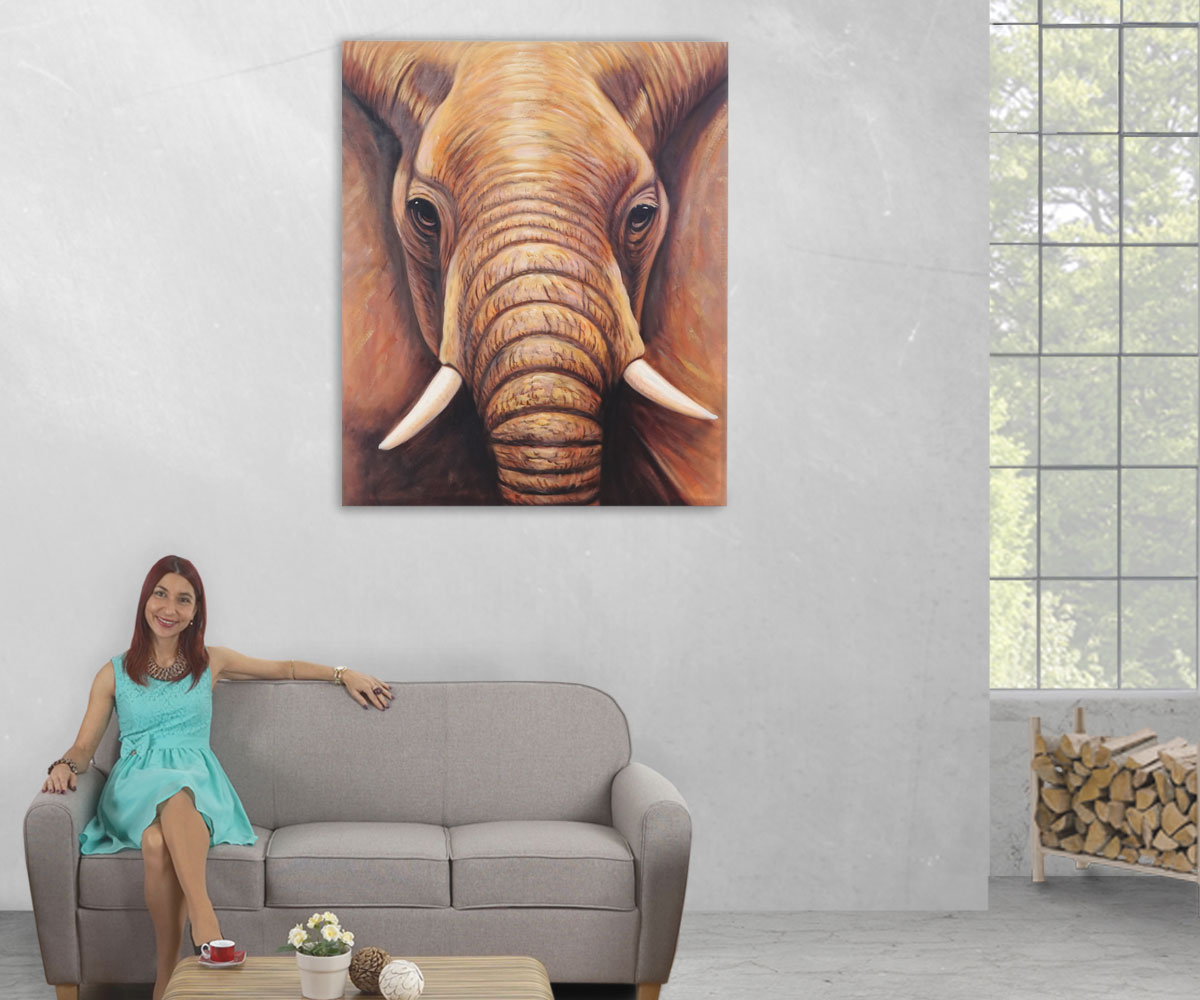 Wandbild Nahaufnahme Elefant, 100% handgemaltes Ölgemälde Gemälde XL, 120x100cm