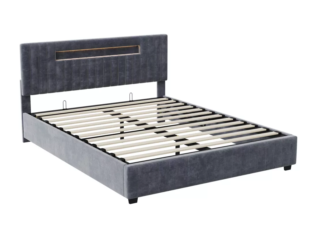 Lit coffre 140x200cm - Lit double avec sommier à lattes et tête de lit LED avec rangemet, en tissu velours gris