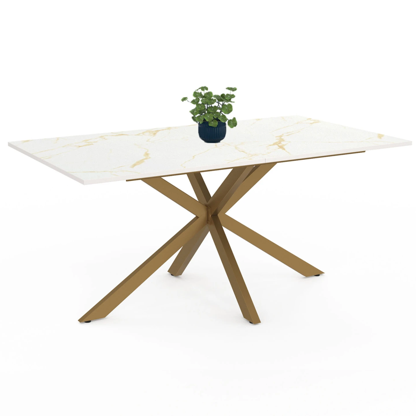 Table à manger rectangle ALIX  8 personnes pied araignée laiton et plateau effet marbre blanc ALASKA 160 cm