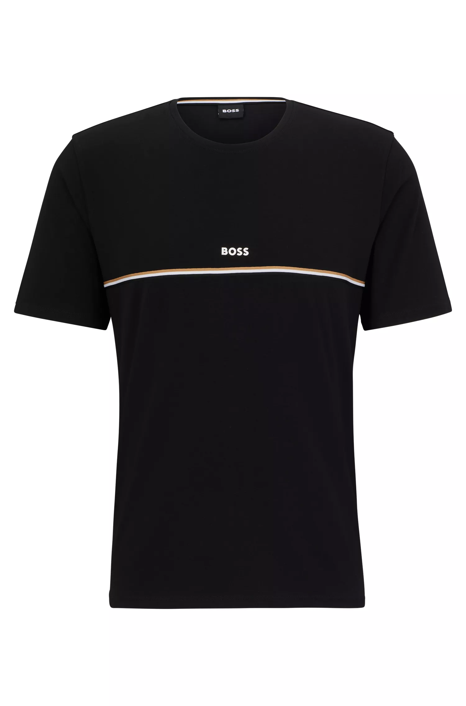 Camiseta de pijama BOSS preta em algodão stretch com listra e logotipo característicos.