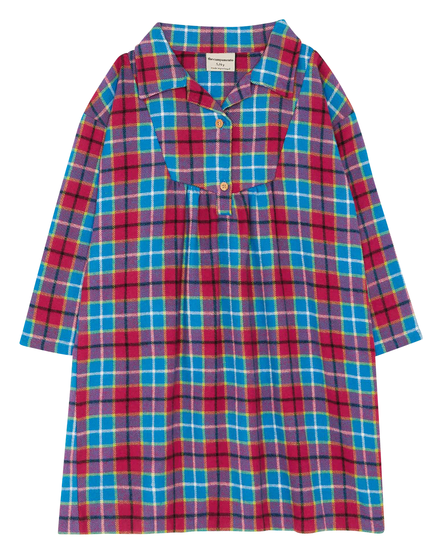Robe midi col classique à carreaux en coton| Bleu
