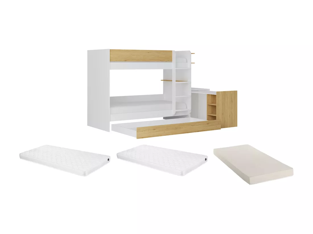 Lit superposé avec tiroir lit gigogne et 2 bureaux 3 x 90 x 190 cm - Coloris : Blanc et naturel + Matelas - DOMATI