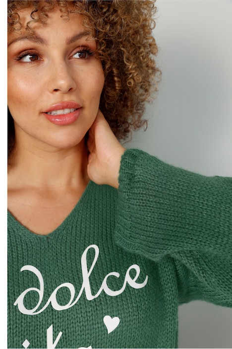Long-Pullover, Schriftzug, V-Ausschnitt, Langarm
