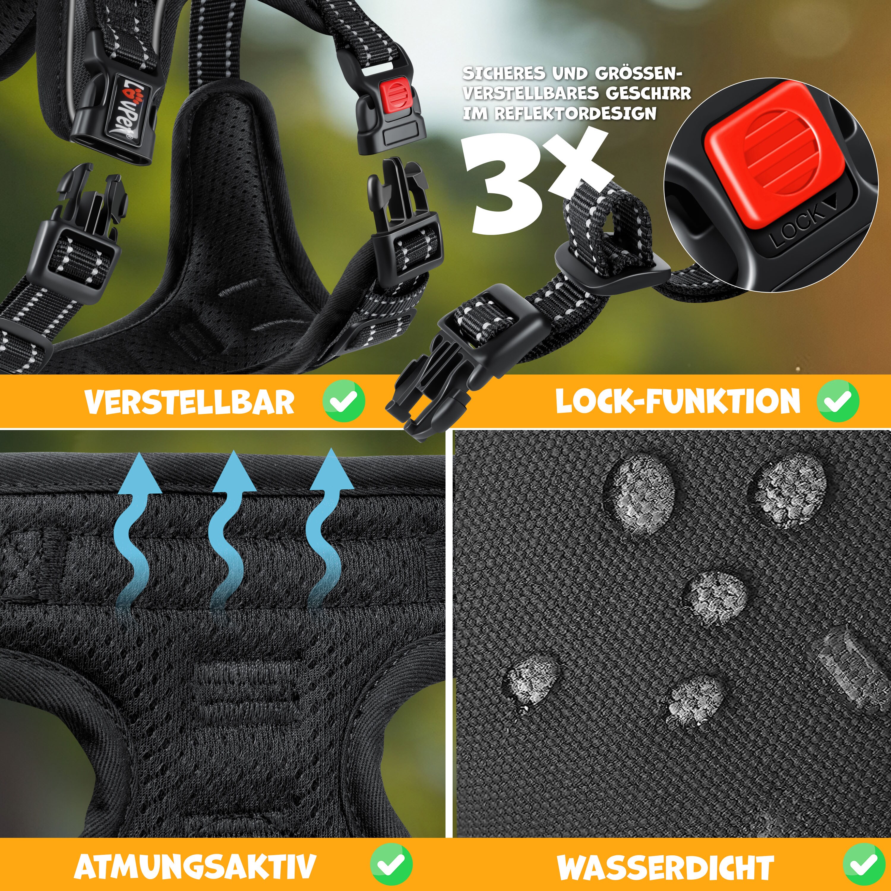 Lovpet® Hundegeschirr ohne Zug & würgen für Hunde & Welpen | atmungsaktiv & weich Brustgeschirr reflektierend | No-Pull-Geschirr inkl. Beutelrollen | Verstellbares Geschirr mit Griff