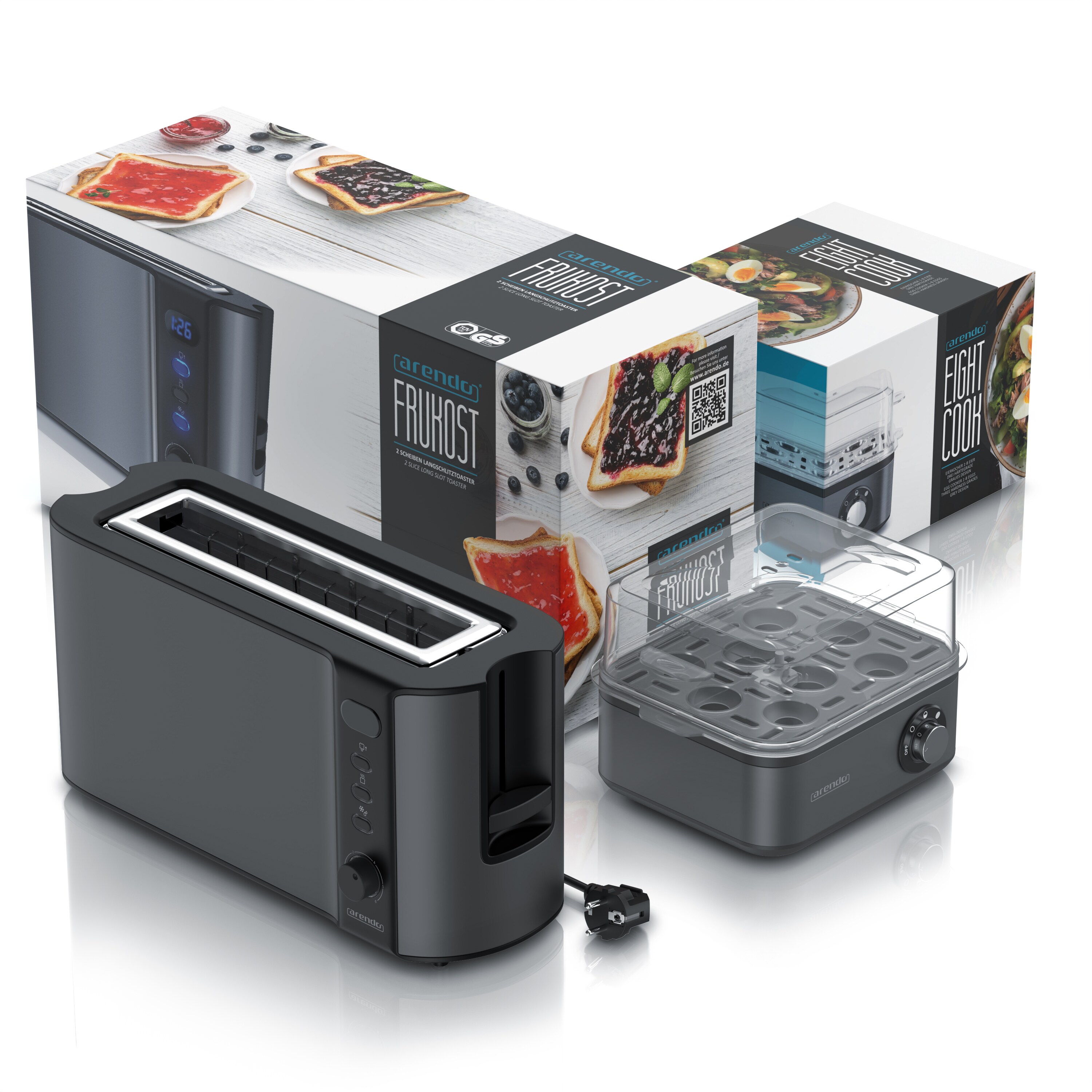 Arendo Frühstücks-Set, Eierkocher EIGHTCOOK, 2-Scheiben Langschlitz Toaster, Grau