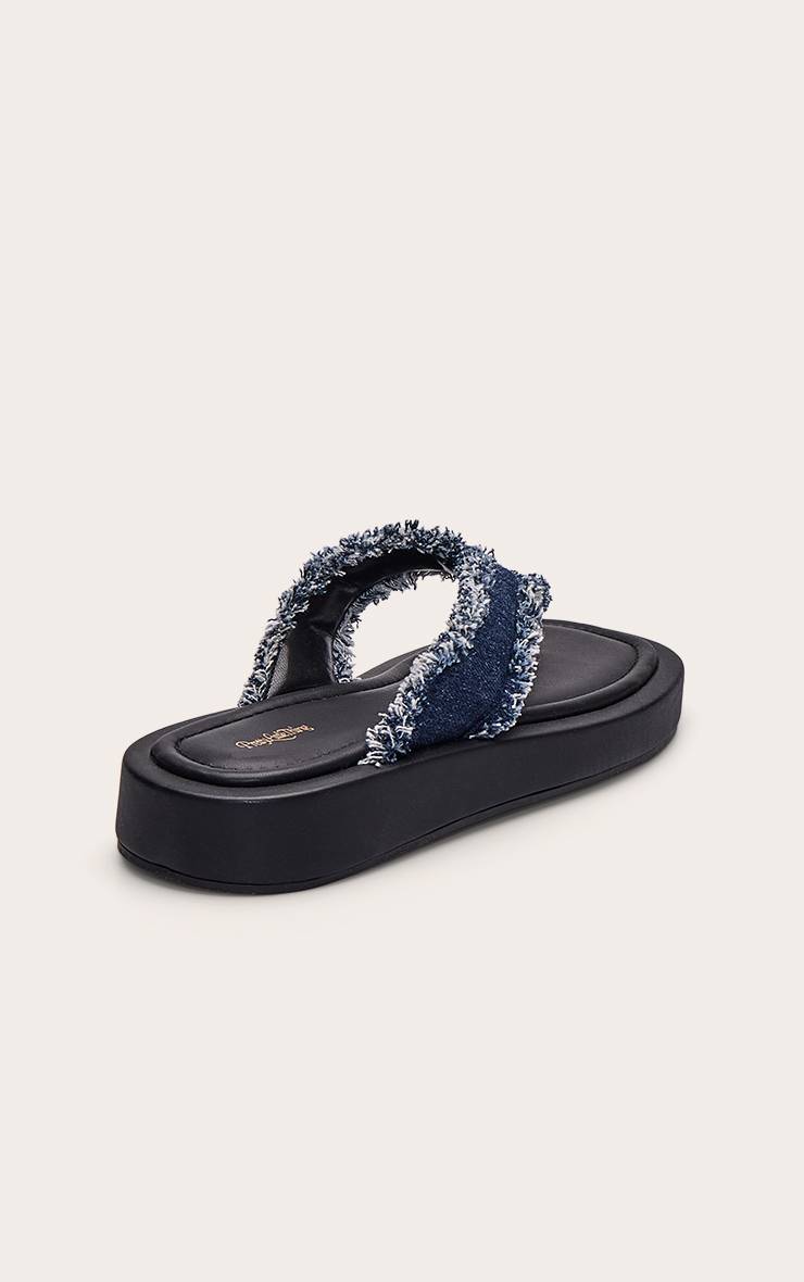 Bleu Sandales Compensées À Entredoigt En Denim Effiloché