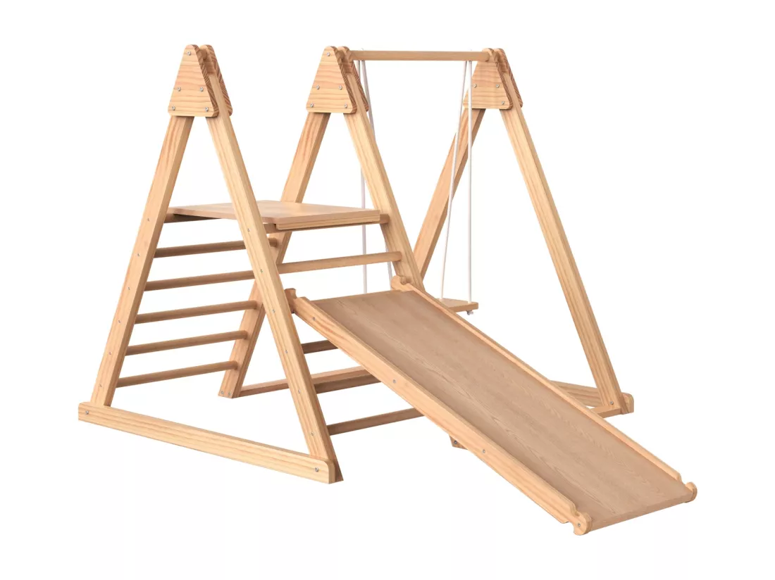 Aire de jeux en bois 3 en 1 pour enfants - Avec toboggan, balançoire, échelle - En pin massif