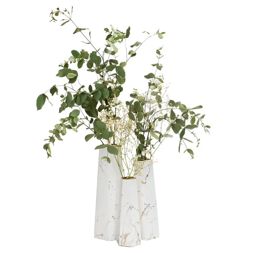 QUVIO Zeshoekige vaas, keramiek - Wit met goud marble look - L