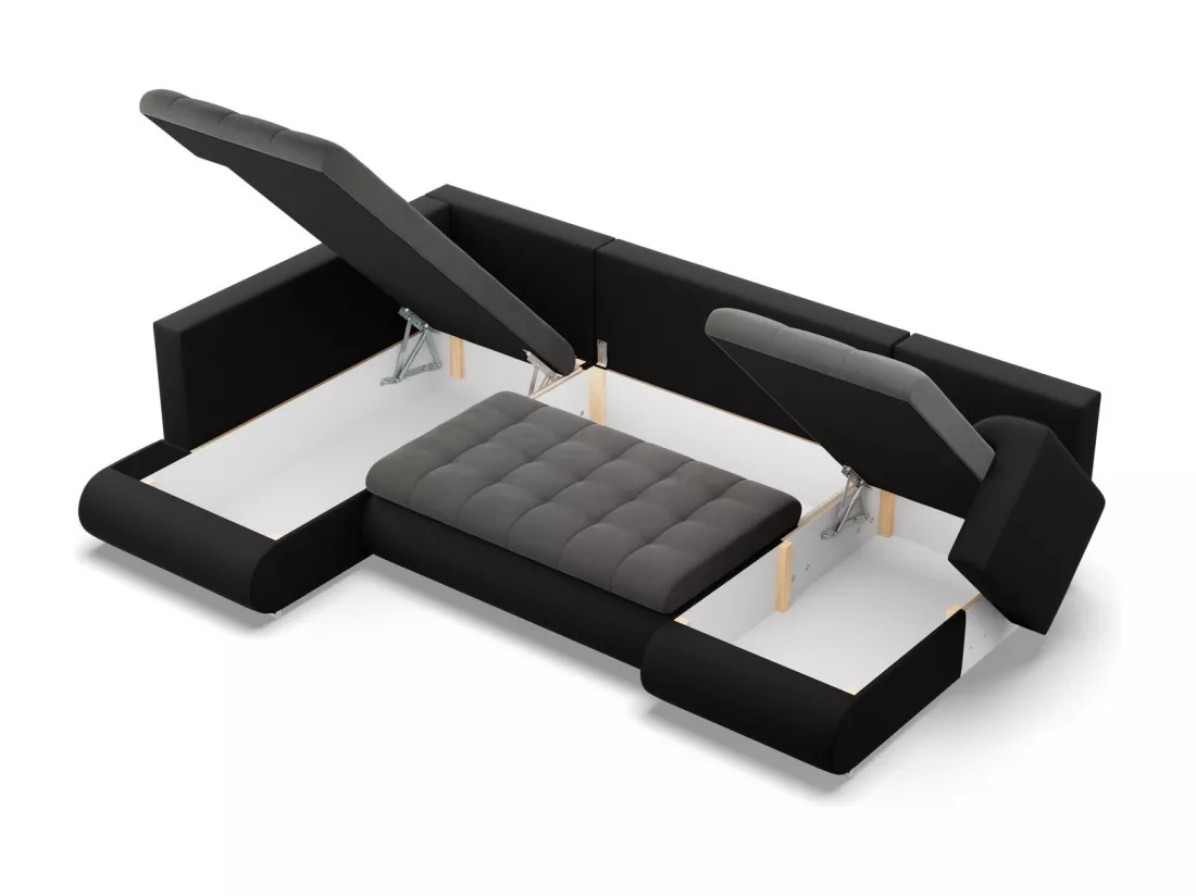 Canapé d'angle en U avec fonction sommeil, Ottoman, Gris foncé + Noir