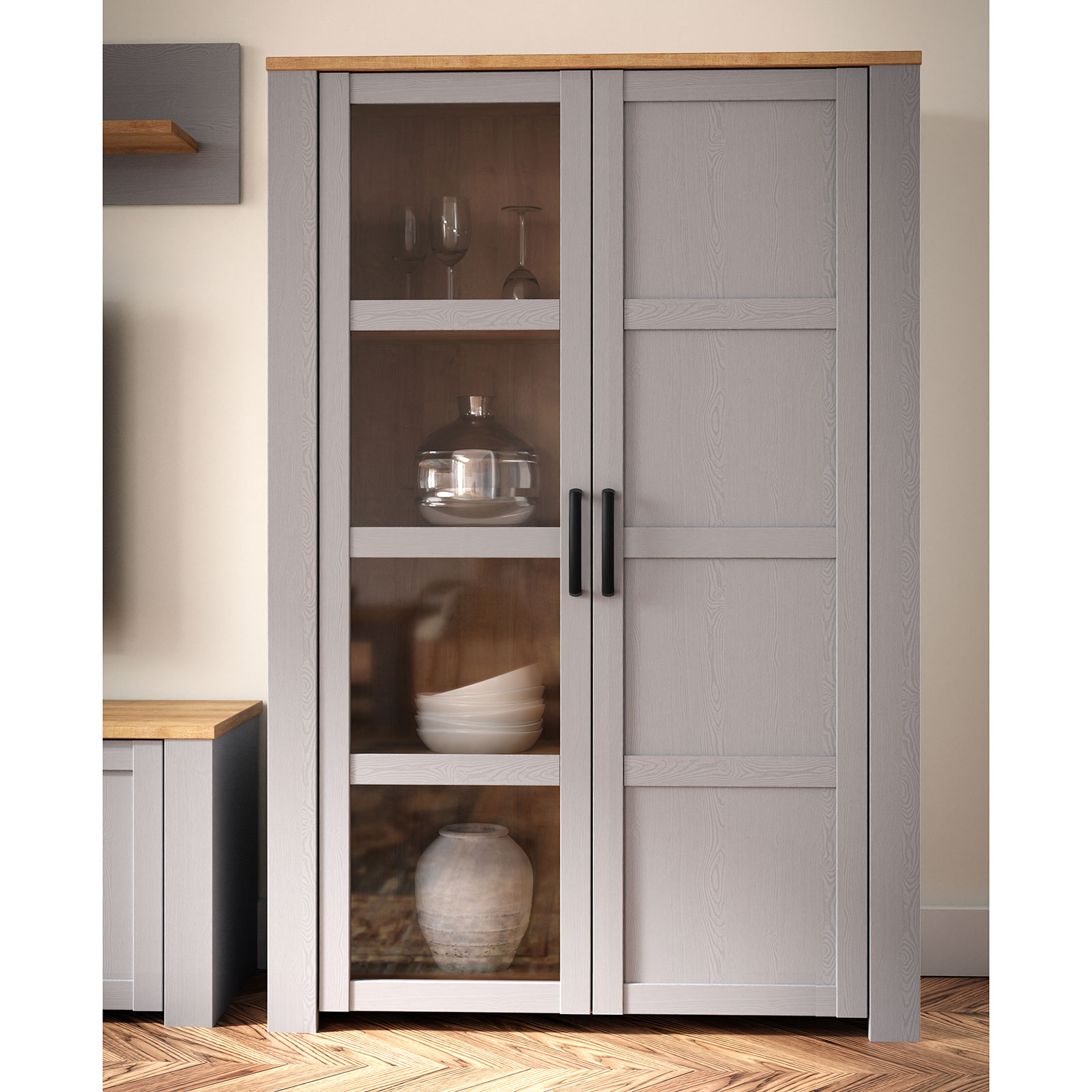 Highboardvitrine - Eiche grau - Riviera Eiche - 106 cm breit