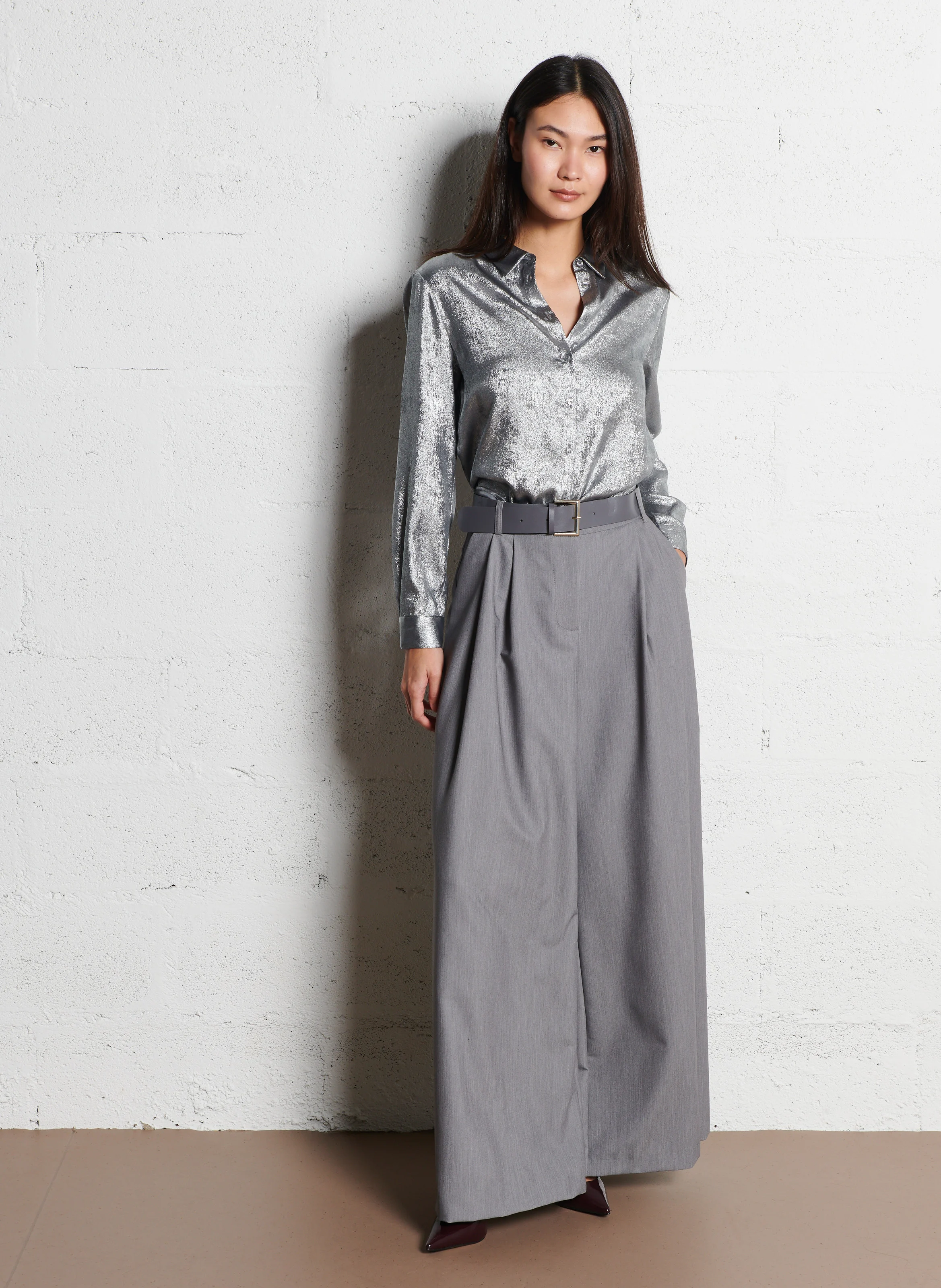 Pantalon palazzo à ceinture| Gris