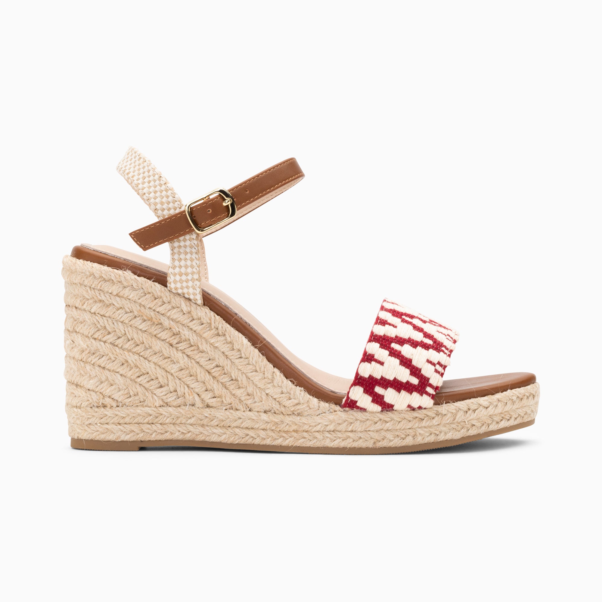 Sandales à talon, Compensées-Sandales compensées Malvina rouges en tissu jacquard