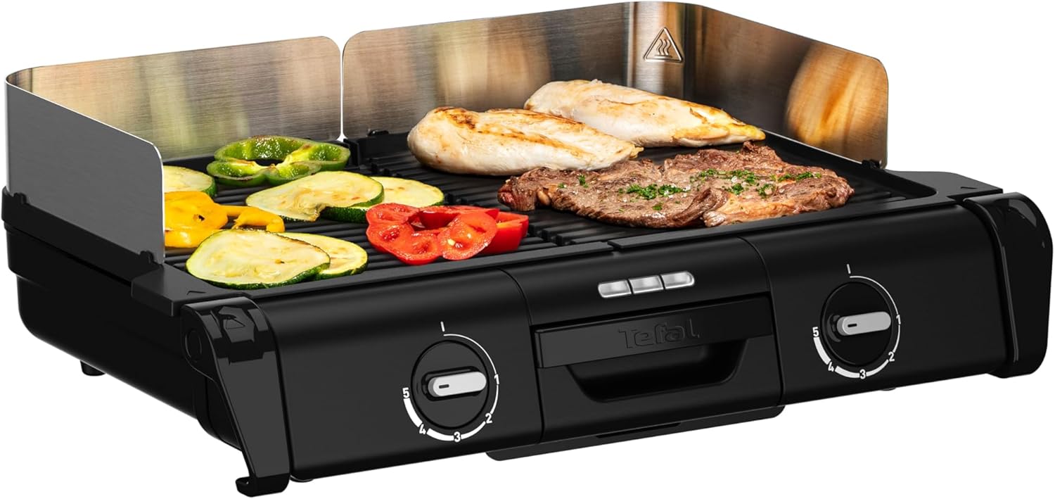 Tefal BBQ Family Elektrischer Tischgrill, 2 getrennte Grillflächen, 2 Thermostate, antihaftbeschichtete Alu-Druckguss Grillplatten, spülmaschinengeeignet, extra tiefe Rillen, Schwarz/Silber, TG800N10