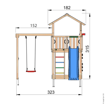 Speeltoestel Jungle Gym Chalet douglas met glijbaan blauw en 1-schommel module