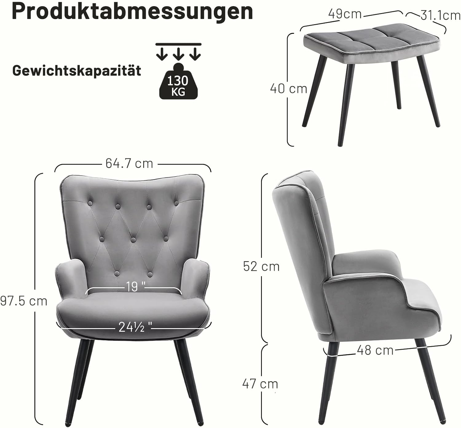 Sessel mit Hocker, Ohrensessel mit Hocker aus Samt, Sessel Wohnzimmer Relaxsessel mit Fußstütze Loungesessel Polstersessel fürs Wohnzimmer Schlafzimmer Arbeitszimmer, Grau