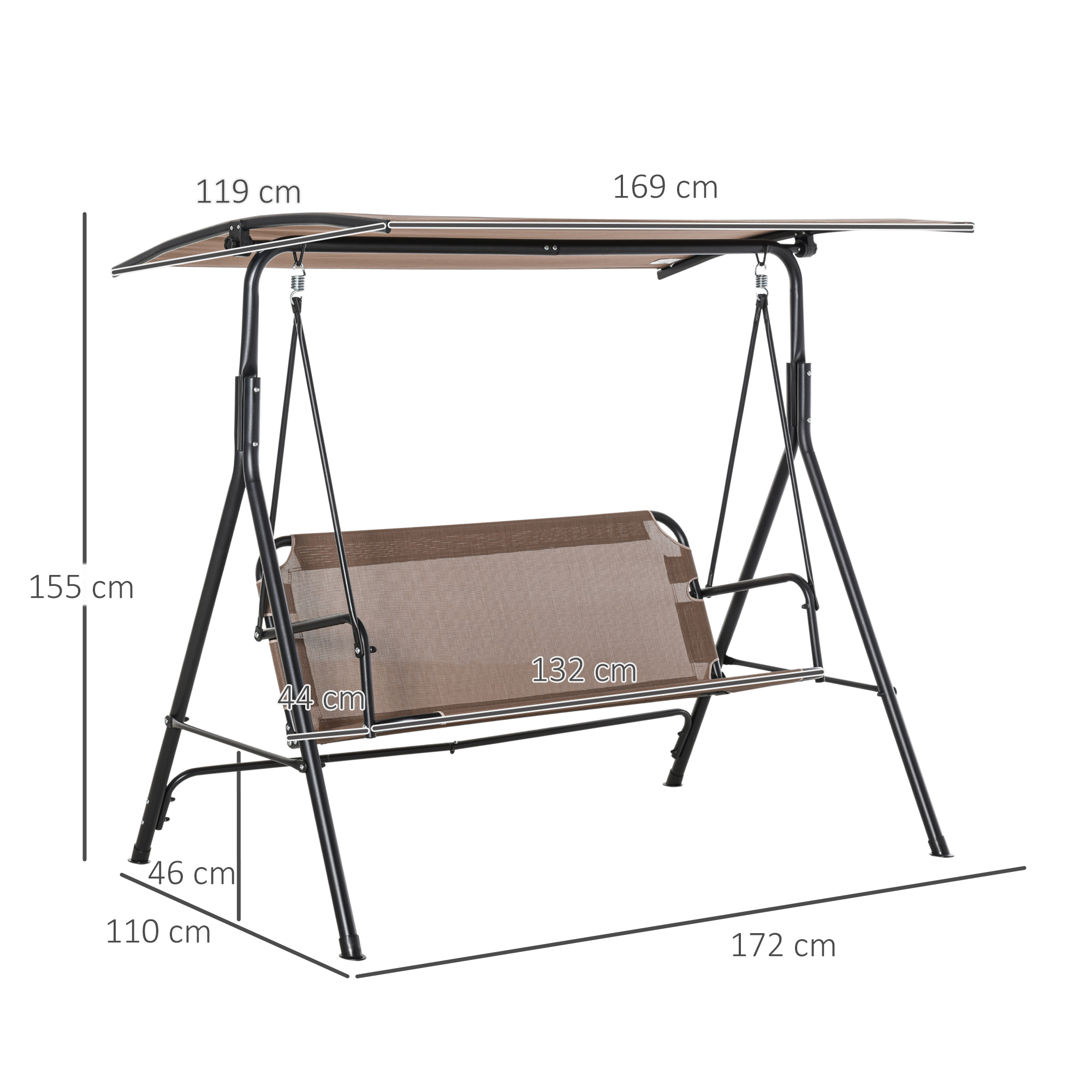 Cadeira de balanço de jardim Outsunny para 2 pessoas com cobertura ajustável em ângulo, ideal para pátio, varanda e uso externo. Capacidade de carga de 200 kg, dimensões 172 x 110 x 155 cm, marrom.