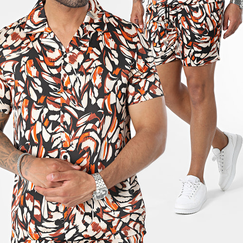 Ensemble Chemise Manches Courtes Et Short Jogging Noir Beige