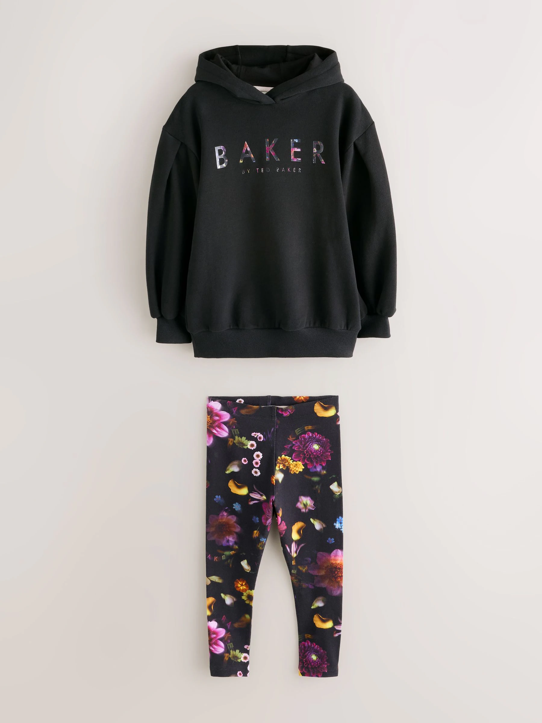 Baker by Ted Baker 2 Piece Longline Black Hoodie and Printed Leggings Set