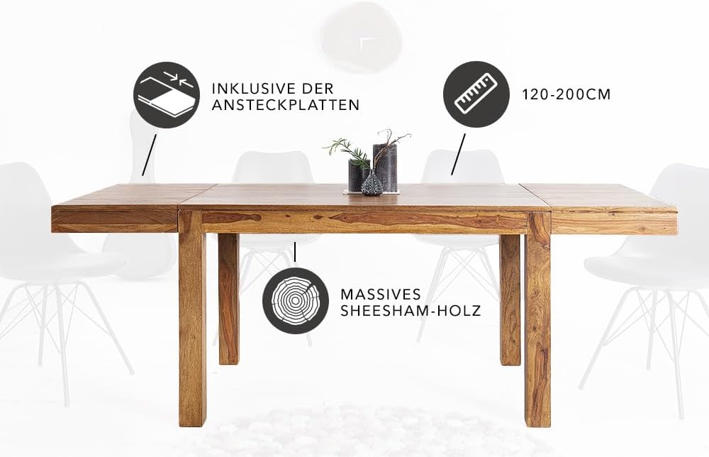 Invicta Interior Massiver Esstisch Pure 120-200 cm Sheesham Massivholz ausziehbar Holztisch Küchentisch mit Ansteckplatten