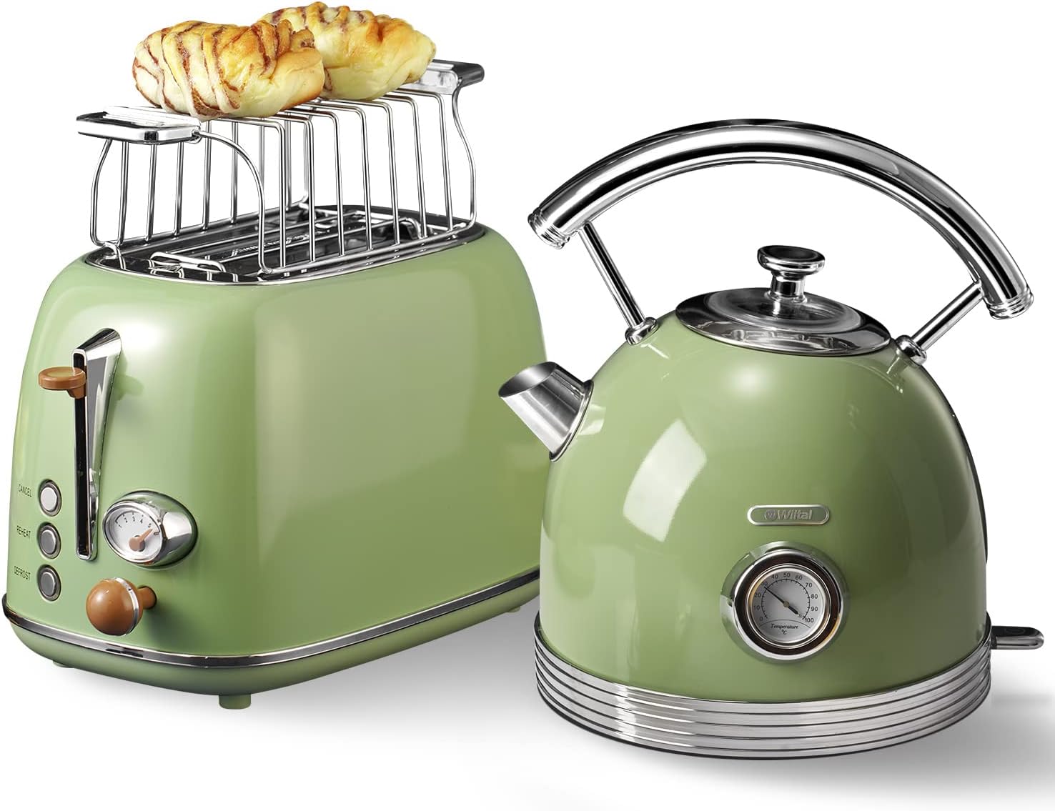 toaster wasserkocher set, frühstücksset toaster wasserkocher, Wasserkocher aus Edelstahl, 2200W, Schnellaufheizung, Toaster mit Brötchenaufsatz zum Erhitzen aller Brotsorten, retro Grün